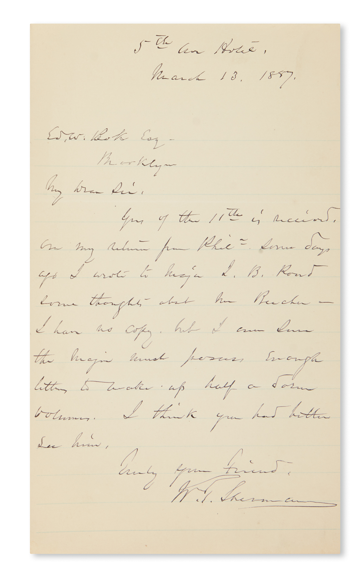 SHERMAN, WILLIAM TECUMSEH. Autograph Letter Signed, W.T. Sherman, to the Editor of Brooklyn Magazine Edward W. Bok,